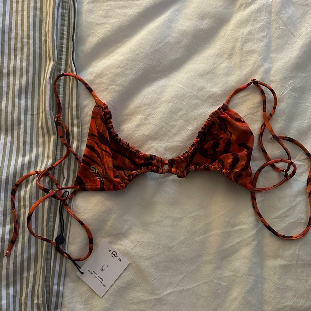 Skatie Red Orange Patterned Triangle Bikini Top